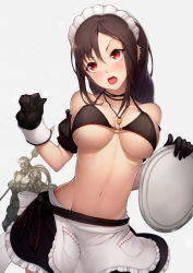 Rule 34 | 1boy, 1girl, alternate costume, apron, bare shoulders, bikini, bikini top only, black bikini, black gloves, black skirt, blush, braid, breasts, brown hair, centaur, cleavage, collarbone, commentary request, ear piercing, earrings, enmaided, fate/grand order, fate (series), gloves, hair between eyes, jewelry, kyoeiki, large breasts, long hair, looking at viewer, maid, maid headdress, multiple earrings, navel, necklace, open mouth, piercing, red eyes, skirt, swimsuit, taur, tray, very long hair, waist apron, wrist cuffs, xiang yu (fate), yu mei-ren (fate)
