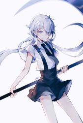 Rule 34 | 1other, alika945, androgynous, artist name, black necktie, black shorts, chinese commentary, collared shirt, commentary request, cowboy shot, eyes visible through hair, floating hair, ghost quartz (houseki no kuni), grey eyes, grey hair, hair over one eye, highres, holding, holding scythe, holding weapon, houseki no kuni, looking at viewer, low twintails, messy hair, necktie, other focus, scythe, shirt, short hair, short sleeves, shorts, shorts lift, signature, simple background, solo, suspender shorts, suspenders, twintails, weapon, white background, white shirt, wind, wind lift