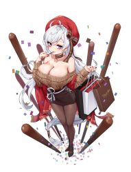 Rule 34 | 1girl, absurdres, ahoge, aran sweater, azur lane, bad id, bad pixiv id, bag, bare shoulders, belfast (azur lane), belfast (shopping with the head maid) (azur lane), beret, black pantyhose, breasts, brown sweater, cable knit, choker, cleavage, closed mouth, collarbone, dutch angle, earrings, eating, fingernails, food, foreshortening, from above, full body, hat, hat ribbon, high-waist skirt, highres, holding, holding bag, hoop earrings, jewelry, large breasts, long hair, looking at viewer, nail polish, off-shoulder sweater, off shoulder, pantyhose, pencil skirt, pocky, purple eyes, red hat, red nails, ribbon, shawl, shopping bag, silver hair, skirt, smile, solo, standing, sweater, tacco (tikeworld), very long hair