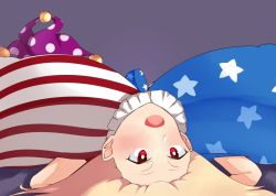 Rule 34 | american flag dress, blonde hair, breasts, clownpiece, dress, gigantic breasts, hat, jester cap, lying, myuunium, on back, red eyes, simple background, star (symbol), star print, striped clothes, striped dress, touhou