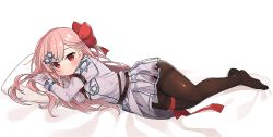 Rule 34 | 1girl, arm up, bad id, bad pixiv id, bed sheet, blush, bow, braid, breasts, brown pantyhose, closed mouth, dakimakura (medium), full body, girls&#039; frontline, gloves, hair between eyes, hair bow, hair ornament, hairclip, hexagram, jacket, long hair, long sleeves, lying, negev (girls&#039; frontline), no shoes, on side, one side up, pantyhose, pink hair, pleated skirt, red bow, red eyes, side braid, single braid, skirt, small breasts, smile, solo, star of david, thighband pantyhose, torn clothes, torn skirt, tsuka, very long hair, white background, white gloves, white jacket, white skirt
