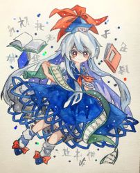 Rule 34 | 1girl, blue dress, blue hair, blue headwear, bobby socks, book, bow, closed mouth, dress, footwear bow, full body, gradient background, grey hair, highres, kamishirasawa keine, key747h, long hair, neckerchief, painting (medium), paper texture, red bow, red eyes, red neckerchief, scroll, short sleeves, smile, socks, solo, touhou, traditional media, watercolor (medium), white background, white socks