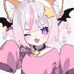 Rule 34 | 1girl, ahiru tokotoko, animal ears, annytf, bat wings, commentary request, commission, grey hair, hair ornament, heart, highres, indie virtual youtuber, jewelry, looking at viewer, multicolored hair, necklace, one eye closed, open mouth, pink hair, pixel art, short hair, skeb commission, sleeves past fingers, sleeves past wrists, smile, solo, star (symbol), star hair ornament, star necklace, streaked hair, upper body, virtual youtuber, wings