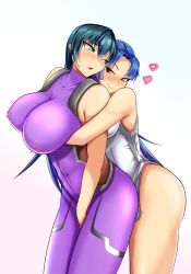Rule 34 | 2girls, bare shoulders, blue hair, blueberry okoku izaberafujin, blush, breasts, covered erect nipples, covered navel, heart, highres, hug, hug from behind, igawa asagi, large breasts, linea alba, long hair, looking at another, multiple girls, smile, taimanin (series), taimanin asagi, taimanin murasaki, taimanin suit, toned, very long hair, yatsu murasaki, yuri
