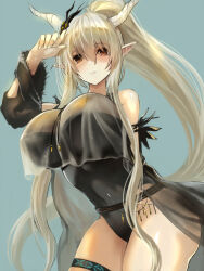 Rule 34 | 1girl, arknights, arm behind back, black one-piece swimsuit, blonde hair, breasts, commentary, covered navel, cowboy shot, crop top, crop top overhang, demon horns, detached sleeves, edobox, expressionless, grey background, hair between eyes, high ponytail, horn ornament, horns, infection monitor (arknights), large breasts, leaning forward, long hair, looking at viewer, official alternate costume, one-piece swimsuit, orange eyes, parted lips, pointy ears, shining (arknights), shining (silent night) (arknights), simple background, solo, standing, swimsuit, swimsuit cover-up, thighs, very long hair