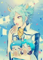 Rule 34 | 10s, 3boys, absurdres, bad id, bad pixiv id, balt (show by rock!!), blue eyes, blue hair, brothers, carrying, confetti, eating, closed eyes, furry, furry male, happy, highres, horns, looking afar, male focus, multiple boys, nickel (show by rock!!), pennant, scarf, shimizu akina, show by rock!!, siblings, single horn, string of flags, titan (show by rock!!), yellow eyes, yellow scarf