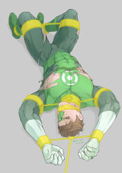 Rule 34 | 1boy, artist name, bara, black bodysuit, bodysuit, boots, bound, bound arms, bound legs, bound wrists, brown hair, covered abs, dc comics, domino mask, evinist, gagged, gloves, green bodysuit, green lantern, green lantern (series), grey background, hal jordan, highres, jewelry, large pectorals, male focus, mask, muscular, muscular male, nipples, pectorals, restrained, ring, short hair, simple background, solo, thick thighs, thighs, torn bodysuit, torn clothes, torn mask, two-tone bodysuit, white gloves
