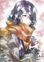 Rule 34 | 1boy, absurdres, black sweater, blue hair, breath, can, dark blue hair, enpera, fate/grand order, fate (series), fringe trim, grey jacket, hair over one eye, highres, holding, holding can, jacket, jinkoshi itori, lapels, light blush, long hair, looking ahead, male focus, notched lapels, orange scarf, paracelsus (fate), parted lips, scarf, signature, sleeves past wrists, solo, sweater, upper body, yellow eyes