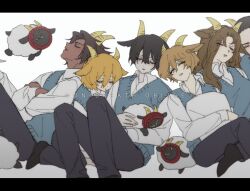 Rule 34 | 2girls, 4boys, animal ears, bbunny, black hair, black pants, black socks, blonde hair, brown hair, clock, closed eyes, dante (limbus company), don quixote (project moon), heathcliff (project moon), horns, limbus company, long hair, meursault (project moon), multiple boys, multiple girls, non-breath oblige (vocaloid), pants, parted bangs, parted lips, project moon, rodion (project moon), sheep, sheep ears, sheep horns, short hair, simple background, sinclair (project moon), sleeping, socks, very long hair, white background, yi sang (project moon)