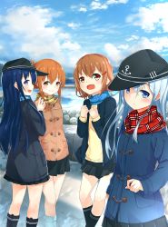 Rule 34 | 10s, 4girls, 53c, :d, akatsuki (kancolle), aqua eyes, aqua hair, black skirt, blue sky, brown eyes, brown hair, coat, day, fang, flat cap, folded ponytail, hair ornament, hairclip, hat, hibiki (kancolle), highres, ikazuchi (kancolle), inazuma (kancolle), kantai collection, kneehighs, long hair, looking at viewer, multiple girls, open mouth, plaid, plaid scarf, pleated skirt, purple eyes, purple hair, ray-en, scarf, short hair, skirt, sky, smile, socks, winter clothes, winter coat