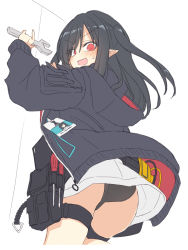 Rule 34 | 1girl, :d, arknights, ass, black bag, black hair, black jacket, black panties, blush, closure (arknights), cowboy shot, cropped legs, fang, hand up, holding, holding wrench, hood, hood down, hooded jacket, id card, jacket, long sleeves, open mouth, panties, pointy ears, pouch, red eyes, rhodes island logo (arknights), satou kibi, screwdriver, simple background, sketch, skin fang, skirt, smile, solo, sweatdrop, thigh pouch, thigh strap, thighs, two side up, underwear, upskirt, v-shaped eyebrows, white background, white skirt, wrench