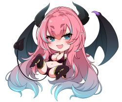 Rule 34 | 1girl, absurdly long hair, bikini, black bikini, blue eyes, blue hair, blush, breasts, chibi, cleavage, demon girl, demon horns, demon tail, demon wings, fang, full body, heart, heart necklace, highres, horns, jewelry, large breasts, long hair, looking at viewer, multicolored hair, navel, necklace, open mouth, original, pink hair, simple background, smile, solo, suruga (xsurugax), swimsuit, tail, two-tone hair, very long hair, white background, wings