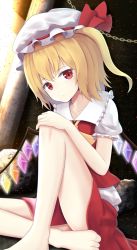 Rule 34 | 1girl, absurdres, barefoot, blonde hair, chain, closed mouth, collar, commentary request, crystal, flandre scarlet, frills, gold chain, hair between eyes, hand on own knee, hat, hat ribbon, highres, holding, jewelry, light, looking at viewer, mob cap, multicolored wings, ponytail, puffy short sleeves, puffy sleeves, red eyes, red ribbon, red skirt, red vest, ribbon, rock, shadow, shirt, short hair, short sleeves, sitting, skirt, solo, touhou, vest, wall, white hat, white shirt, wings, wottosei, yellow neckwear
