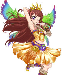 Rule 34 | 10s, 1girl, ;o, aikatsu!, aikatsu! (series), arm up, bare shoulders, boots, brown hair, crown, earrings, eyelashes, finger to mouth, fur, fur trim, gem, hair ornament, happy, jewelry, knee boots, long hair, looking at viewer, lots of jewelry, midriff, nail polish, navel, one eye closed, parted lips, pleated skirt, purple eyes, sandals, shibuki ran, shirt, shoes, simple background, sinko (sinsin), skirt, solo, tiara, toeless footwear, toenail polish, toenails, white background, wings, wink, yellow skirt