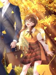 Rule 34 | 1boy, 1girl, autumn, autumn leaves, bag, belt, braid, brown hair, brown skirt, business suit, closed eyes, commentary request, day, falling leaves, formal, ginkgo leaf, glasses, hair ribbon, highres, idolmaster, idolmaster shiny colors, leaf, low twin braids, macha0331, neck ribbon, necktie, open mouth, outdoors, plaid, plaid skirt, producer (idolmaster), ribbon, shirt, skirt, sonoda chiyoko, suit, sweater vest, twin braids, white shirt