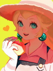 Rule 34 | 1girl, artist name, bellhenge, blonde hair, blue eyes, blue overalls, buttons, collared shirt, commentary, earrings, english commentary, food, fruit, gloves, hat, heart, holding, holding food, holding fruit, jewelry, light blush, lipstick, long eyelashes, long hair, long sleeves, makeup, mario (series), mascara, nintendo, official art, open mouth, overalls, pink lips, pink shirt, princess peach, shirt, smile, solo, sphere earrings, sun hat, sunlight, super mario odyssey, tomato, upper body, white gloves, yellow background, yellow hat