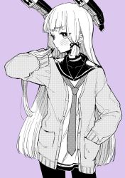 Rule 34 | 1girl, blunt bangs, blush, cardigan, closed mouth, deco (geigeki honey), dress, greyscale, greyscale with colored background, hair ribbon, hand in pocket, headgear, highres, kantai collection, long hair, long sleeves, monochrome, murakumo (kancolle), necktie, purple background, ribbon, sailor collar, sailor dress, short eyebrows, sidelocks, simple background, solo, tress ribbon