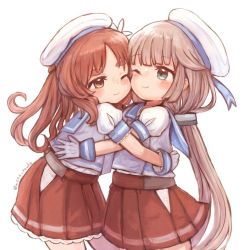 Rule 34 | 2girls, blue sailor collar, brown eyes, brown hair, cheek-to-cheek, commentary request, flower, gloves, green eyes, grey hair, hair flower, hair ornament, hat, heads together, hip vent, hug, kantai collection, long hair, low twintails, mikura (kancolle), multiple girls, pleated skirt, puffy short sleeves, puffy sleeves, red skirt, sailor collar, sailor hat, sailor shirt, shirt, short sleeves, simple background, skirt, twintails, white background, white gloves, white headwear, white shirt, wss (nicoseiga19993411), yashiro (kancolle)