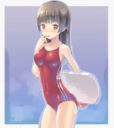 Rule 34 | 1girl, black hair, breasts, brown eyes, cameltoe, cleavage, competition school swimsuit, double vertical stripe, navel, one-piece swimsuit, red one-piece swimsuit, school swimsuit, skin tight, small breasts, solo, swimsuit, tougetsu gou