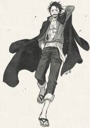 Rule 34 | 1boy, aged up, cape, collared cape, facial hair, flip-flops, full body, greyscale, hand in pocket, hand on own head, male focus, monkey d. luffy, monochrome, mustache stubble, one piece, open mouth, pants, sandals, sash, scar, scar on chest, scar on face, short hair, sleeves rolled up, solo, stubble, tsurumura ichiru, twitter username