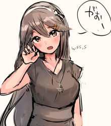 Rule 34 | 1girl, alternate costume, artist name, black dress, black hair, brown eyes, commentary request, curled fingers, dress, hair ornament, hairclip, haruna (kancolle), kantai collection, long hair, looking at viewer, simple background, solo, white background, wss (nicoseiga19993411)