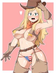 Rule 34 | 1girl, areola slip, armpits, bandana around neck, bare shoulders, belt, blonde hair, blush, boku no hero academia, border, breasts, cowboy hat, cowboy shot, fire breath01, glasses, gloves, green eyes, hat, heart, large breasts, long hair, looking at viewer, melissa shield, navel, open mouth, pasties, pink background, revealing clothes, simple background, solo, star pasties, teeth, tongue, usa flag, vest, white border