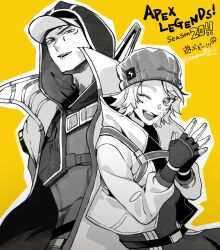 Rule 34 | 1boy, 1girl, animification, apex legends, baseball cap, beanie, belt, bodysuit, copyright name, crypto (apex legends), electric incognito wattson, fingerless gloves, gloves, greyscale with colored background, hat, highres, hood, hood up, hoodie, jacket, low profile crypto, mozuwaka, official alternate costume, one eye closed, open mouth, short hair, signature, smile, steeple, wattson (apex legends), yellow background