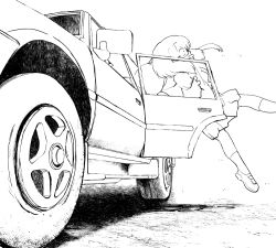 Rule 34 | 1girl, abduction, car, commentary request, dress, greyscale, hand on another&#039;s mouth, lineart, long hair, magical girl, mary janes, monochrome, motor vehicle, original, sakifox, shoes, socks, sports utility vehicle, surprised, vehicle focus