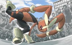 Rule 34 | cloud, commentary request, creatures (company), crowd, day, from below, game freak, gen 4 pokemon, kicking, lopunny, mega lopunny, mega pokemon, motion lines, mukiguri, nintendo, outdoors, outline, pink eyes, pokemon, pokemon (creature), sky