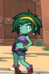 Rule 34 | 1girl, animated, animated gif, belt, bouncing breasts, breasts, cleavage, colored skin, dancing, earrings, green hair, green skin, hand on own hip, headband, hip focus, jewelry, lowres, midriff, monster girl, navel, red eyes, rottytops, shantae: half-genie hero, shantae (series), shoes, short hair, shorts, skull earrings, solo, stitches, stomach, tank top, torn clothes, zombie