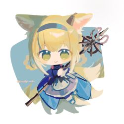 Rule 34 | 1girl, animal ears, arknights, blonde hair, blue hairband, blush, braid, braided hair rings, chibi, closed mouth, commentary, dress, earpiece, fox ears, fox girl, fox tail, full body, green eyes, hairband, highres, holding, holding staff, kitsune, kyuubi, looking at viewer, moty, multiple tails, purple dress, signature, smile, solo, staff, suzuran (arknights), tail, twin braids
