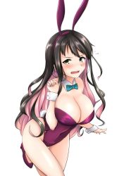 Rule 34 | 1girl, animal ears, bare shoulders, black hair, blush, bow, bowtie, breasts, cleavage, detached collar, fake animal ears, fang, hair ribbon, kantai collection, large breasts, leotard, long hair, multicolored hair, naganami (kancolle), ootori subaru, open mouth, pink hair, playboy bunny, purple leotard, rabbit ears, rabbit tail, ribbon, solo, strapless, strapless leotard, tail, white background, wrist cuffs