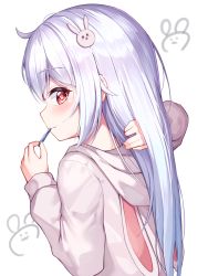 Rule 34 | animal hood, blush, closed mouth, from side, hair between eyes, hair ornament, hand in own hair, hands up, highres, holding, hood, hood down, hoodie, long hair, looking to the side, mannack, mouth hold, neck, original, rabbit-shaped pupils, rabbit hair ornament, rabbit hood, red eyes, silver hair, smile, straight hair, symbol-shaped pupils, upper body, white background, white hoodie
