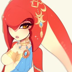 Rule 34 | 1girl, blush, breasts, colored skin, fins, fish girl, hair ornament, jewelry, long hair, looking at viewer, mipha, monster girl, multicolored skin, necklace, nintendo, no eyebrows, parted lips, rasbii (rasberruu), red hair, red skin, small breasts, solo, the legend of zelda, the legend of zelda: breath of the wild, upper body, white skin, yellow eyes, zora