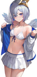 Rule 34 | 1girl, amane kanata, angel, angel wings, bikini, bikini top only, blue hair, breasts, closed mouth, commentary, cowboy shot, english commentary, front-tie bikini top, front-tie top, halo, halterneck, hands up, highres, hololive, jacket, legs together, long sleeves, looking at viewer, multicolored clothes, multicolored hair, multicolored jacket, navel, off shoulder, open clothes, open jacket, pink hair, pleated skirt, purple eyes, short hair, simple background, skirt, sl86, small breasts, smile, solo, star halo, stomach, streaked hair, string bikini, swimsuit, thighs, two-tone jacket, virtual youtuber, white background, white bikini, white hair, white jacket, white skirt, white wings, wings