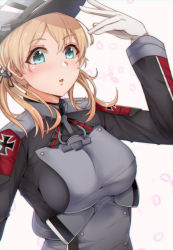 Rule 34 | 1girl, aga marino, aqua eyes, blonde hair, blush, cross, gloves, grey hat, hair ornament, hand up, hat, iron cross, jewelry, kantai collection, long hair, long sleeves, military, military hat, military uniform, open mouth, parted lips, petals, prinz eugen (kancolle), simple background, solo, uniform, white background, white gloves