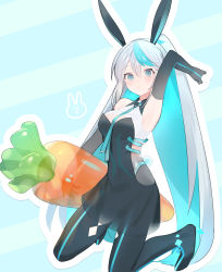 Rule 34 | 1girl, animal ears, arm up, armpits, between breasts, black dress, black gloves, black legwear, blue background, blue eyes, blue hair, breasts, closed mouth, collared dress, dress, elbow gloves, eureka iris, fake animal ears, gloves, highres, holding, inflatable carrot, inflatable toy, kneeling, liver city, long hair, looking at viewer, medium breasts, multicolored hair, necktie, ponytail, rabbit ears, see-through, silver hair, sleeveless, sleeveless dress, solo, transparent, two-tone hair, tym taro, very long hair, virtual youtuber, wing collar