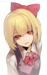 Rule 34 | 1girl, bad id, bad twitter id, blonde hair, bow, hair bow, highres, looking at viewer, msmusui, rumia, short hair, simple background, smile, solo, touhou, twitter username, upper body, white background, yellow eyes