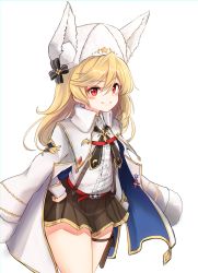 Rule 34 | 10eki (tenchou), 1girl, absurdres, animal ear headwear, blonde hair, blush, brown skirt, clip studio paint (medium), coat, coat on shoulders, collared shirt, commentary request, cowboy shot, fake animal ears, flat chest, frilled shirt, frills, fur hat, girls&#039; frontline, hair between eyes, hand on own hip, hat, highres, long hair, long sleeves, mod3 (girls&#039; frontline), nagant revolver (girls&#039; frontline), nagant revolver (mod3) (girls&#039; frontline), pleated skirt, red eyes, shirt, simple background, skirt, smile, solo, thighs, ushanka, white background, white coat, white shirt
