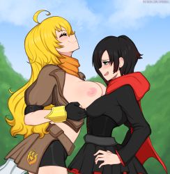Rule 34 | 2girls, afrobull, age difference, ahoge, arched back, bad id, bad pixiv id, black hair, blonde hair, blush, breasts, breasts out, cape, ceyes closed, corset, fingerless gloves, gloves, highres, incest, long hair, looking at another, looking down, medium breasts, multiple girls, nipples, no bra, open mouth, orange scarf, red cape, ruby rose, rwby, scarf, siblings, sisters, smile, standing, wavy hair, yang xiao long