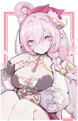 1girl absurdres bell breasts chinese_commentary cleavage commentary_request diamond-shaped_pupils diamond_(shape) dress elf elysia_(herrscher_of_human:_ego)_(honkai_impact) elysia_(honkai_impact) elysia_(peachy_spring)_(honkai_impact) error1980 flower hair_bell hair_flower hair_ornament highres honkai_(series) honkai_impact_3rd large_breasts long_hair long_sleeves looking_at_viewer official_alternate_costume pink_hair pointy_ears puffy_long_sleeves puffy_sleeves purple_eyes red_dress solo symbol-shaped_pupils very_long_hair