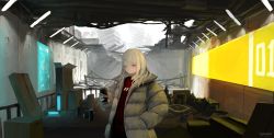 Rule 34 | 1girl, absurdres, blush, box, building, can, cardboard box, city, drink can, frown, grey eyes, hand in pocket, highres, holding, jacket, looking at viewer, ruins, satellite dish, scenery, soda can, solo, standing, white hair, yuzu oshigoto boshu-chu