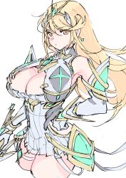 Rule 34 | 1girl, blonde hair, breasts, highres, large breasts, mythra (xenoblade), simple background, sketch, solo, ug333333, white background, xenoblade chronicles (series), xenoblade chronicles 2, yellow eyes