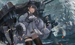 Rule 34 | 1girl, azur lane, black gloves, black hair, black thighhighs, blush, breasts, coat, fur trim, gloves, hat, large breasts, long hair, long sleeves, looking at viewer, ocean, open mouth, pamiat merkuria (azur lane), peaked cap, purple eyes, red eyes, russian clothes, smile, solo, thigh strap, thighhighs, turret, white hat, yu ni t