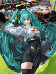 Rule 34 | 1girl, :d, absurdres, aqua eyes, aqua hair, black bodysuit, black thighhighs, bodysuit, breasts, car, clothes writing, cowboy shot, crop top, flag, goodsmile racing, hair between eyes, hatsune miku, headphones, highres, holding, holding flag, itasha, long hair, long sleeves, looking at viewer, medium breasts, mercedes-benz, mercedes-benz amg gt, motor vehicle, official alternate costume, open mouth, race queen, race vehicle, racecar, racing miku, racing miku (2022), sawkm, signature, single thighhigh, smile, solo, thighhighs, twintails, two-tone gloves, very long hair, vocaloid