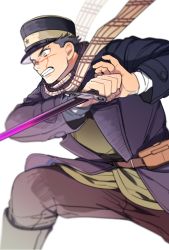Rule 34 | 1boy, bayonet, belt, black hair, black hat, blue coat, boots, brown belt, brown eyes, brown pants, buttons, clenched teeth, coat, commentary request, facial scar, golden kamuy, hat, holding, holding knife, holding weapon, imperial japanese army, kepi, knife, long sleeves, looking away, male focus, military, military hat, military uniform, onnomono, open mouth, pants, pouch, scar, scar on cheek, scar on face, scar on mouth, scar on nose, scarf, short hair, simple background, solo, spiked hair, star (symbol), sugimoto saichi, teeth, two-tone headwear, uniform, weapon, white background, yellow hat, yellow scarf