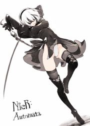 Rule 34 | 1girl, black dress, black thighhighs, blindfold, boots, breasts, cleavage cutout, clothing cutout, copyright name, covered eyes, dress, dual wielding, full body, gluteal fold, hairband, high heel boots, high heels, highleg, highleg leotard, holding, holding sword, holding weapon, leotard, leotard under clothes, medium breasts, mole, mole under mouth, nier:automata, nier (series), parted lips, short dress, simple background, skindentation, solo, standing, standing on one leg, sword, thigh boots, thighhighs, thighs, weapon, white background, white hair, white leotard, 2b (nier:automata), yunar
