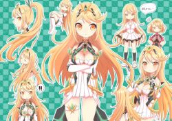 Rule 34 | !, !!, 1girl, alternate costume, artist request, blonde hair, blush, breasts, cleavage, cleavage cutout, closed mouth, clothing cutout, cosplay, dress, closed eyes, gem, hair ornament, headpiece, jewelry, large breasts, long hair, mythra (xenoblade), nintendo, open mouth, ponytail, pyra (xenoblade) (cosplay), shy, skirt, thigh strap, tiara, very long hair, white dress, xenoblade chronicles (series), xenoblade chronicles 2