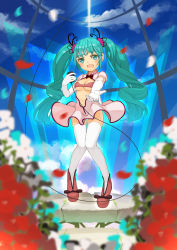 Rule 34 | 1girl, blush, breasts, cleavage, cleavage cutout, clothing cutout, dress, drill hair, elbow gloves, gloves, green eyes, green hair, hair ornament, hatsune miku, highres, intoyoureyes (vocaloid), long hair, matching hair/eyes, microphone, navel, open mouth, outstretched arm, scrunchie, small breasts, smile, solo, thighhighs, tko (hhan), twin drills, twintails, vocaloid