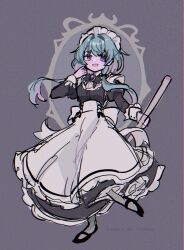 Rule 34 | 1girl, :d, alternate costume, apron, back bow, black bow, black bowtie, black dress, black footwear, blue hair, blush, bow, bowtie, brooch, buttons, chromatic aberration, cross-laced clothes, dot nose, dress, frilled apron, frilled dress, frills, full body, gem, grey background, grey pantyhose, hair intakes, hand up, highres, holding, holding stick, jewelry, juliet sleeves, long dress, long hair, long sleeves, looking at viewer, low-tied sidelocks, magia record: mahou shoujo madoka magica gaiden, mahou shoujo madoka magica, maid, maid apron, maid headdress, mary janes, open mouth, pantyhose, puffy sleeves, purple eyes, purple gemstone, sena mikoto, shoes, sidelocks, simple background, sketch, smile, solo, stick, takenoko mgrc, twitter username, very long hair, waist apron, white apron, white bow